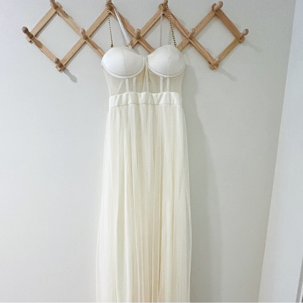 Cream sheer tulle formal dress with boning Sz large